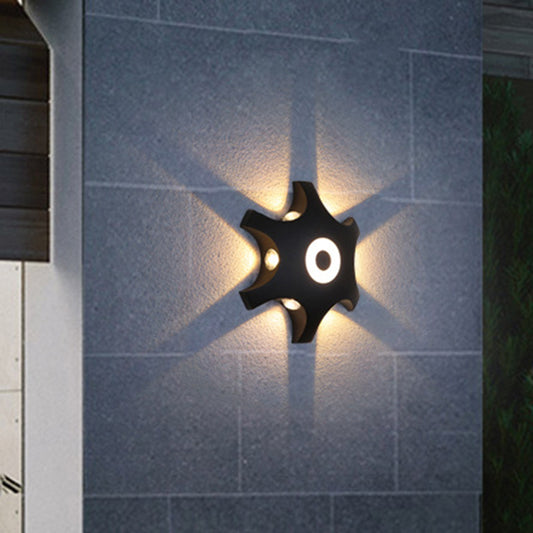 Snowflake Outdoor LED Wall Light Plastic 6-Bulb Modern Flush Mount Wall Sconce in Black, Warm/White Light Black Clearhalo 'Cast Iron' 'Glass' 'Industrial' 'Modern wall lights' 'Modern' 'Tiffany' 'Traditional wall lights' 'Wall Lamps & Sconces' 'Wall Lights' Lighting' 1985578