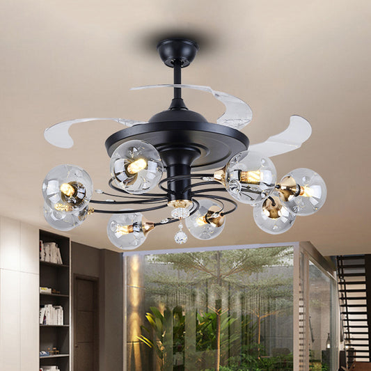 42" Wide Simplicity Globe Pendant Fan Lamp Clear Glass 8-Light Bedroom Semi Flush Mount Lighting with 4 Blades Clearhalo 'Ceiling Fans with Lights' 'Ceiling Fans' 'Modern Ceiling Fans' 'Modern' Lighting' 1985625