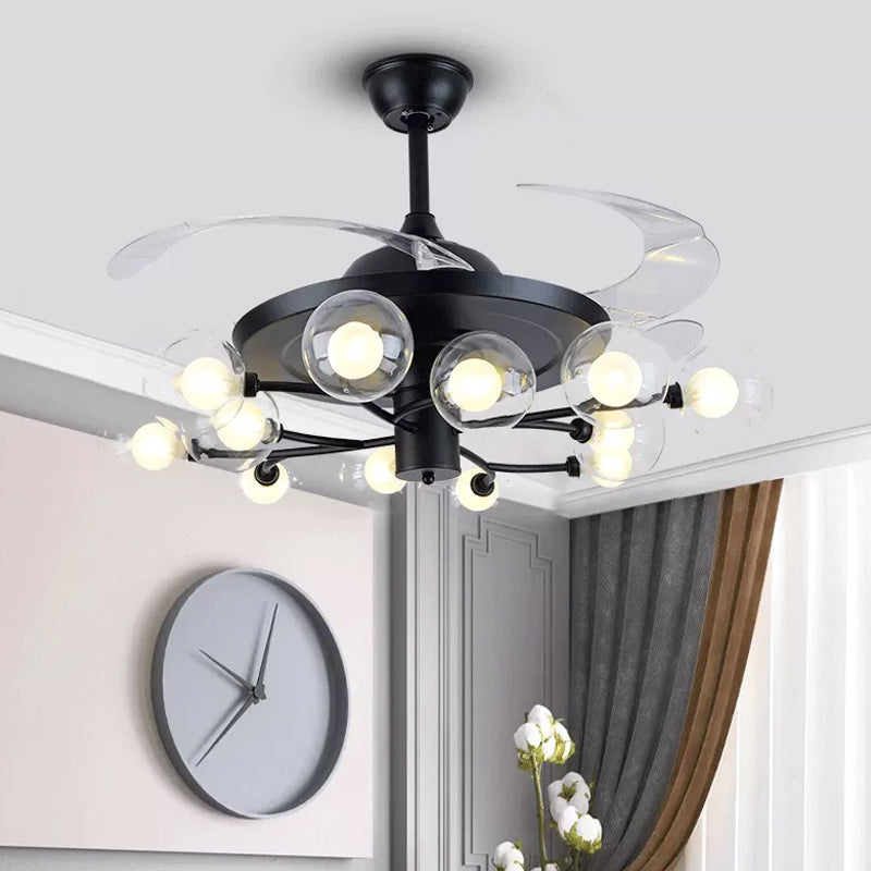4-Blade Clear Glass Orb Semi Flush Mount Modernity 42" Wide 12 Heads Pendant Fan Lamp in Black Black Clearhalo 'Ceiling Fans with Lights' 'Ceiling Fans' 'Modern Ceiling Fans' 'Modern' Lighting' 1985628