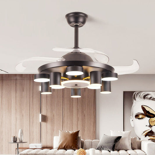 Round Bedroom Hanging Fan Lamp Metal 42" Wide LED Contemporary Semi Flush Ceiling Light, 4 Blades Black A Clearhalo 'Ceiling Fans with Lights' 'Ceiling Fans' 'Modern Ceiling Fans' 'Modern' Lighting' 1985634
