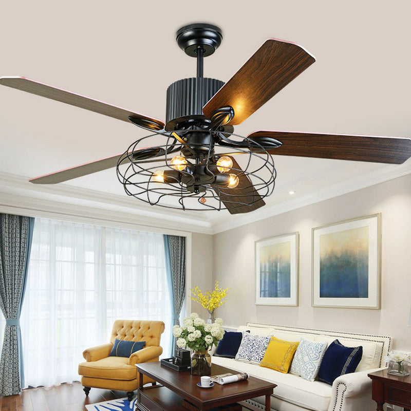 Drum Caged Metal Semi Flush Mount Industrial 52" Wide 5-Bulb Dining Room Pendant Fan Light in Black, 52" Wide Black Clearhalo 'Ceiling Fans with Lights' 'Ceiling Fans' 'Industrial Ceiling Fans' 'Industrial' Lighting' 1985670