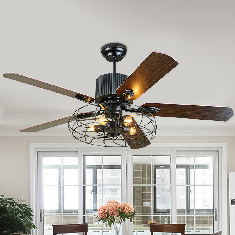 Drum Caged Metal Semi Flush Mount Industrial 52" Wide 5-Bulb Dining Room Pendant Fan Light in Black, 52" Wide Clearhalo 'Ceiling Fans with Lights' 'Ceiling Fans' 'Industrial Ceiling Fans' 'Industrial' Lighting' 1985671