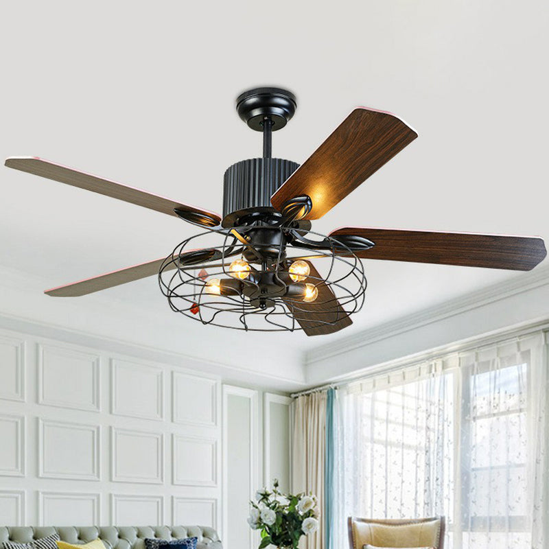 Drum Caged Metal Semi Flush Mount Industrial 52" Wide 5-Bulb Dining Room Pendant Fan Light in Black, 52" Wide Clearhalo 'Ceiling Fans with Lights' 'Ceiling Fans' 'Industrial Ceiling Fans' 'Industrial' Lighting' 1985673