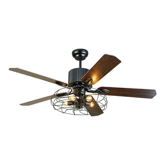 Drum Caged Metal Semi Flush Mount Industrial 52" Wide 5-Bulb Dining Room Pendant Fan Light in Black, 52" Wide Clearhalo 'Ceiling Fans with Lights' 'Ceiling Fans' 'Industrial Ceiling Fans' 'Industrial' Lighting' 1985674