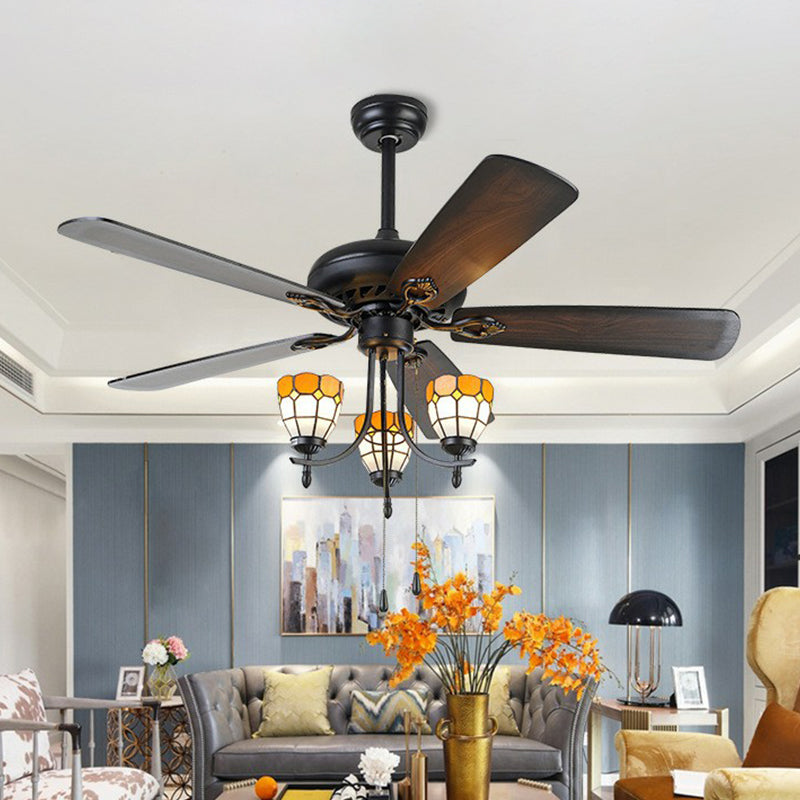 5-Blade 3 Lights Semi Flush Traditional Tapered Metallic Hanging Fan Light Fixture in Black, 52" Wide Black C Clearhalo 'Ceiling Fans with Lights' 'Ceiling Fans' Lighting' 1985680