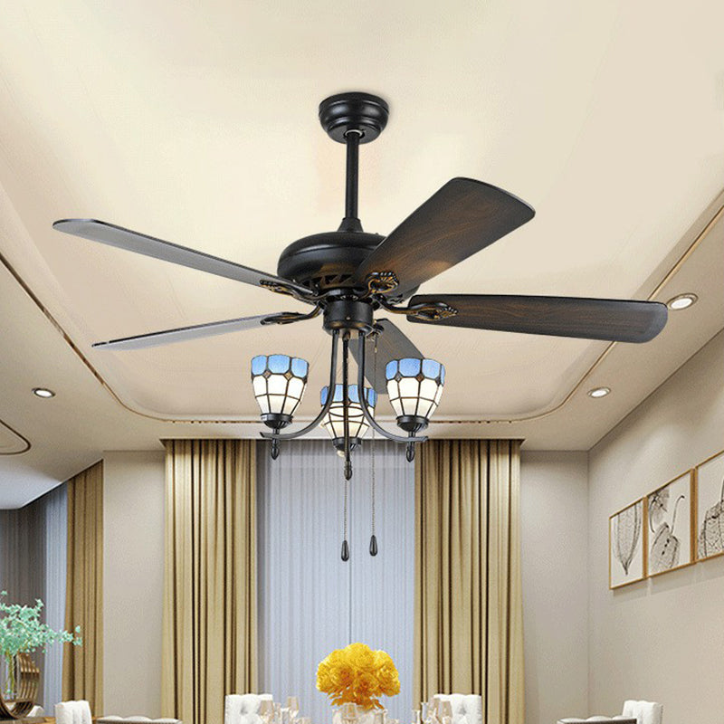 5-Blade 3 Lights Semi Flush Traditional Tapered Metallic Hanging Fan Light Fixture in Black, 52" Wide Black B Clearhalo 'Ceiling Fans with Lights' 'Ceiling Fans' Lighting' 1985684