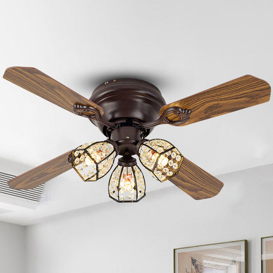 42" Wide Brown Bowl Semi-Flush Mount Traditional Crystal Beaded 3-Bulb Bedroom Pendant Fan Lamp with 3 Blades Brown Clearhalo 'Ceiling Fans with Lights' 'Ceiling Fans' Lighting' 1985692