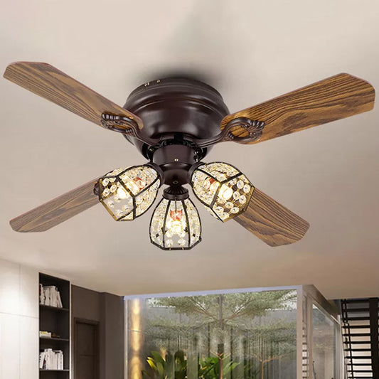 42" Wide Brown Bowl Semi-Flush Mount Traditional Crystal Beaded 3-Bulb Bedroom Pendant Fan Lamp with 3 Blades Clearhalo 'Ceiling Fans with Lights' 'Ceiling Fans' Lighting' 1985693