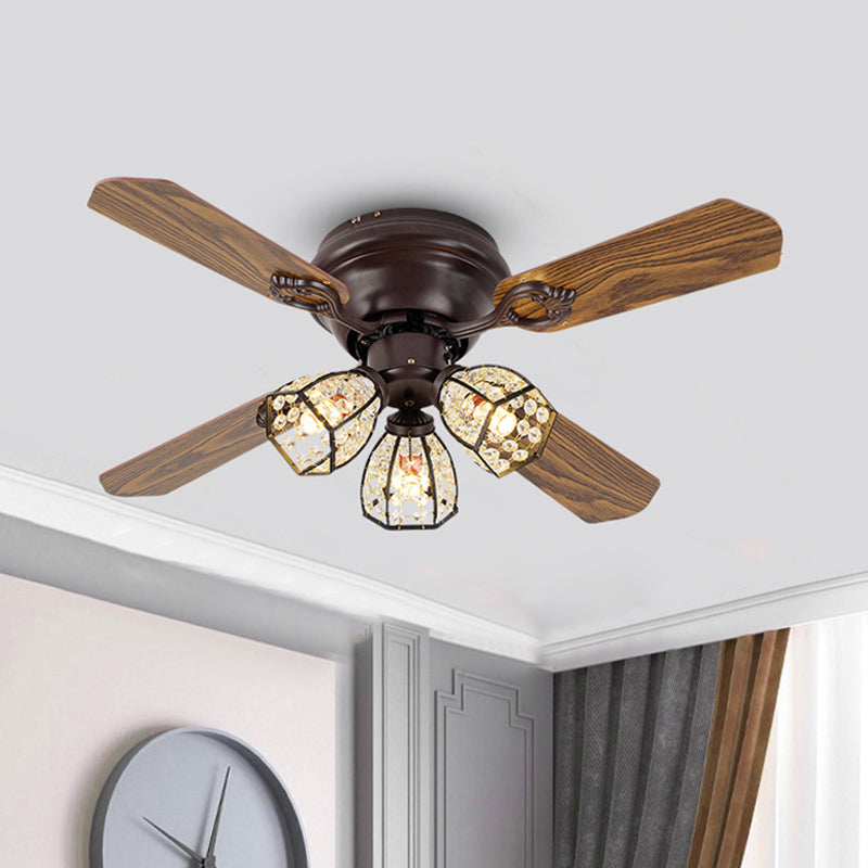 42" Wide Brown Bowl Semi-Flush Mount Traditional Crystal Beaded 3-Bulb Bedroom Pendant Fan Lamp with 3 Blades Clearhalo 'Ceiling Fans with Lights' 'Ceiling Fans' Lighting' 1985694