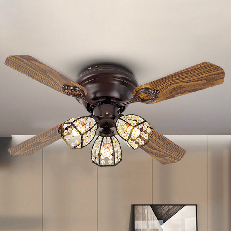 42" Wide Brown Bowl Semi-Flush Mount Traditional Crystal Beaded 3-Bulb Bedroom Pendant Fan Lamp with 3 Blades Clearhalo 'Ceiling Fans with Lights' 'Ceiling Fans' Lighting' 1985695
