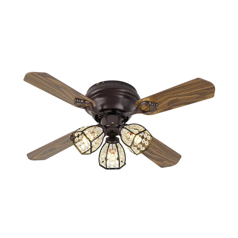 42" Wide Brown Bowl Semi-Flush Mount Traditional Crystal Beaded 3-Bulb Bedroom Pendant Fan Lamp with 3 Blades Clearhalo 'Ceiling Fans with Lights' 'Ceiling Fans' Lighting' 1985696