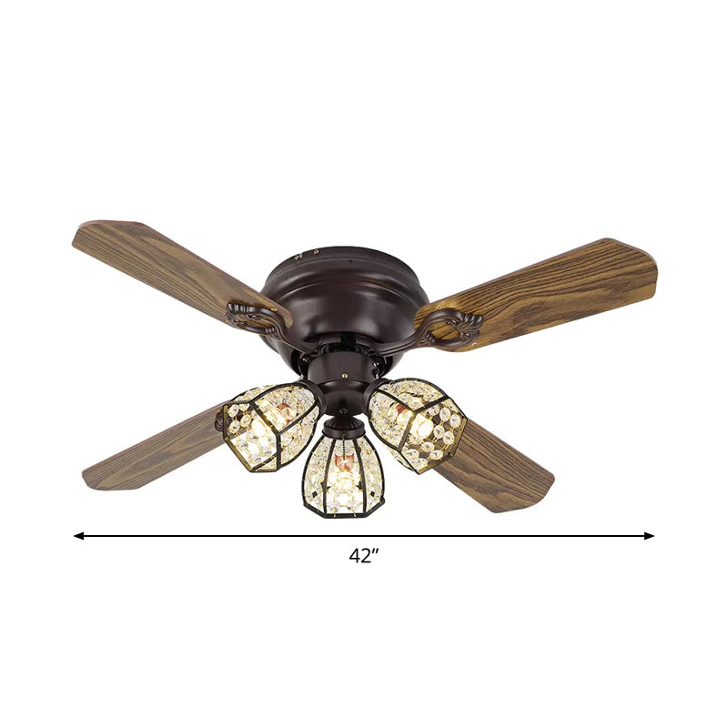 42" Wide Brown Bowl Semi-Flush Mount Traditional Crystal Beaded 3-Bulb Bedroom Pendant Fan Lamp with 3 Blades Clearhalo 'Ceiling Fans with Lights' 'Ceiling Fans' Lighting' 1985697