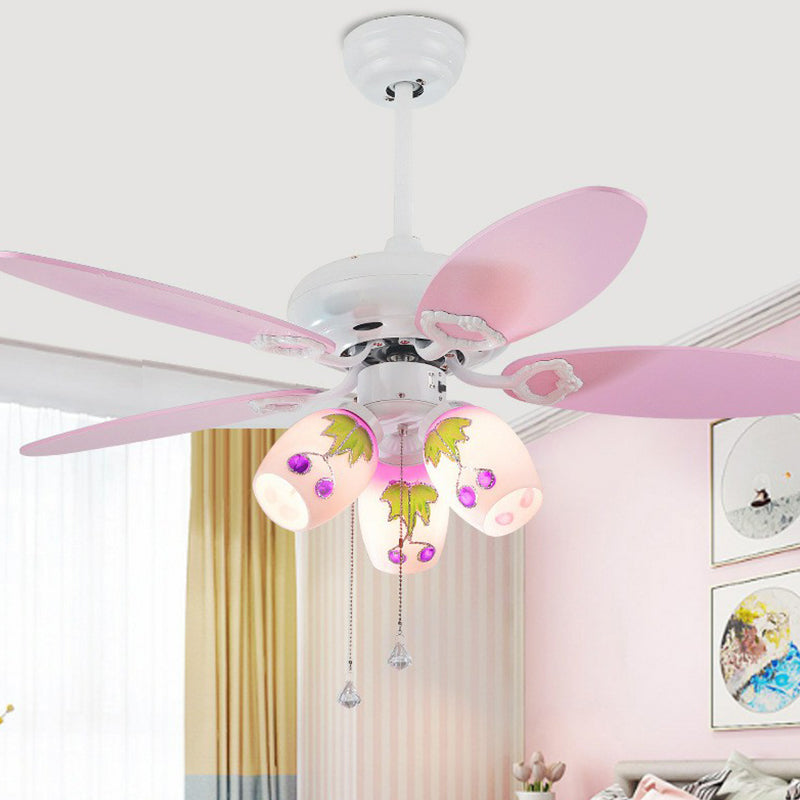 5 Blades Elongated Nursery Semi Mount Lighting Opal Glass 42" Wide 3-Light Minimal Ceiling Fan Light with Pull Chain Clearhalo 'Ceiling Fans with Lights' 'Ceiling Fans' 'Kids Ceiling Fans' 'Kids' Lighting' 1985699