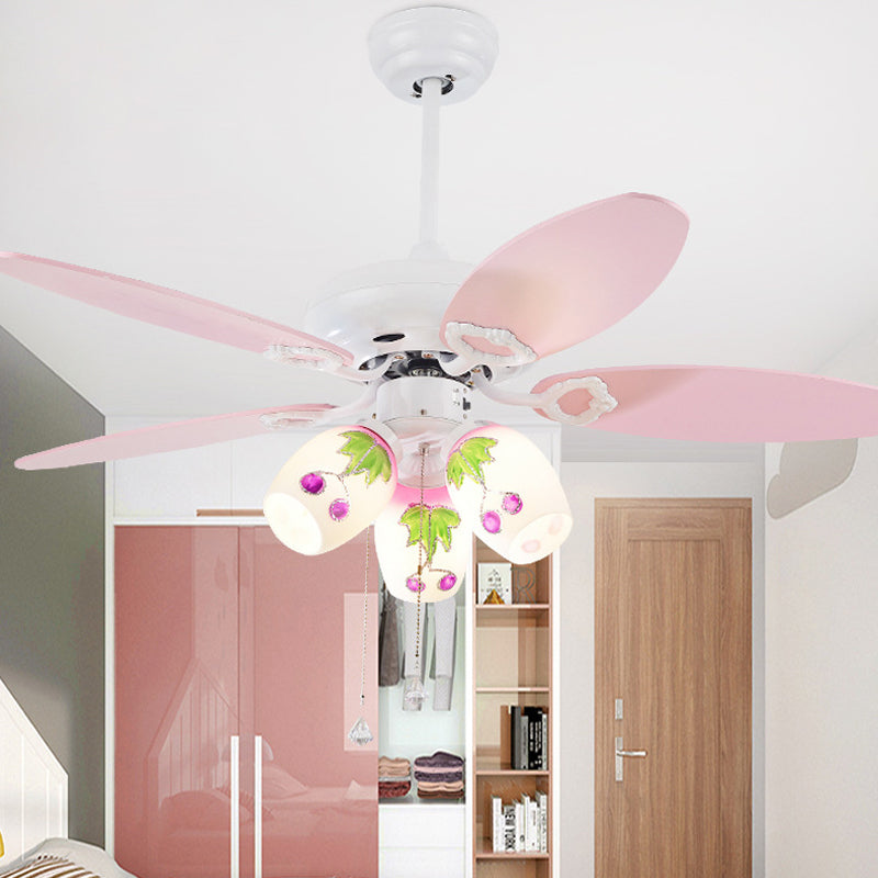 5 Blades Elongated Nursery Semi Mount Lighting Opal Glass 42" Wide 3-Light Minimal Ceiling Fan Light with Pull Chain Clearhalo 'Ceiling Fans with Lights' 'Ceiling Fans' 'Kids Ceiling Fans' 'Kids' Lighting' 1985700