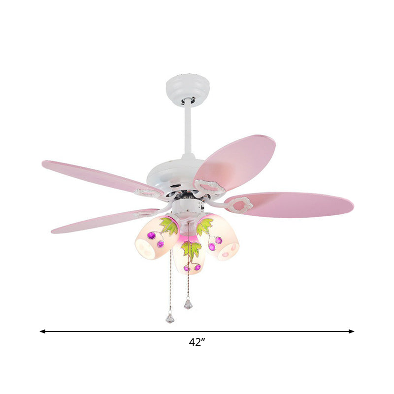 5 Blades Elongated Nursery Semi Mount Lighting Opal Glass 42" Wide 3-Light Minimal Ceiling Fan Light with Pull Chain Clearhalo 'Ceiling Fans with Lights' 'Ceiling Fans' 'Kids Ceiling Fans' 'Kids' Lighting' 1985702