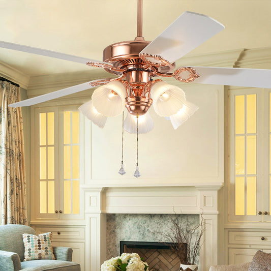 52" Wide Gold 5 Lights Hanging Fan Light Countryside Frosted Glass Bell Shade Semi-Flush Mount, 5 Blades Gold A Clearhalo 'Ceiling Fans with Lights' 'Ceiling Fans' Lighting' 1985703