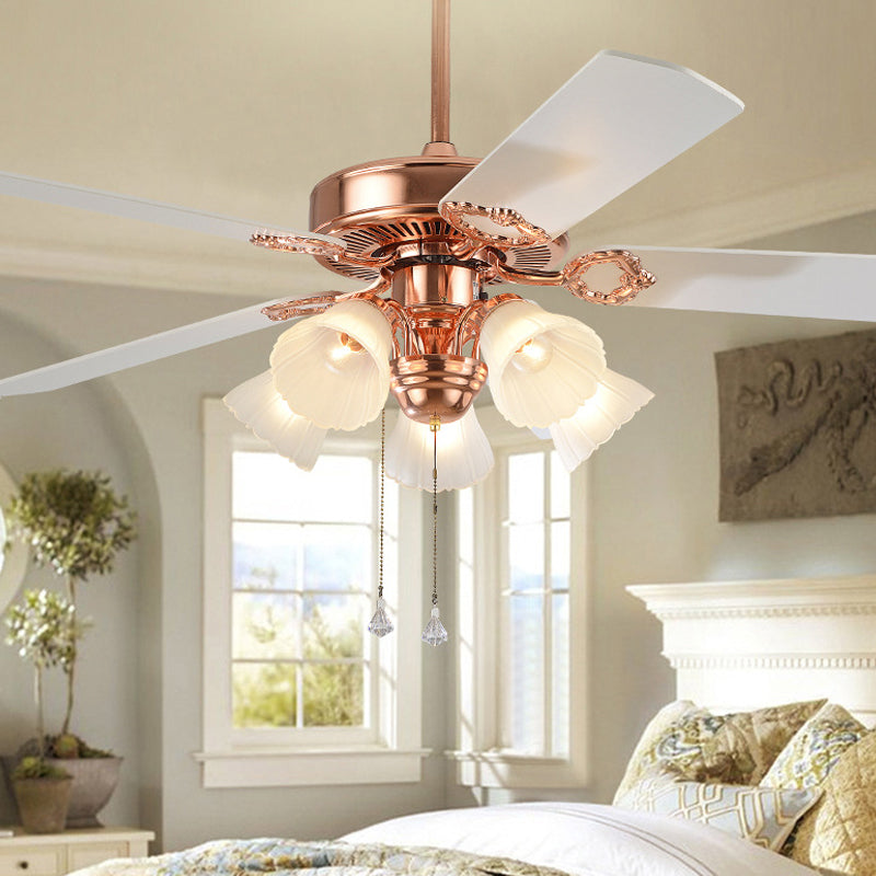 52" Wide Gold 5 Lights Hanging Fan Light Countryside Frosted Glass Bell Shade Semi-Flush Mount, 5 Blades Clearhalo 'Ceiling Fans with Lights' 'Ceiling Fans' Lighting' 1985704