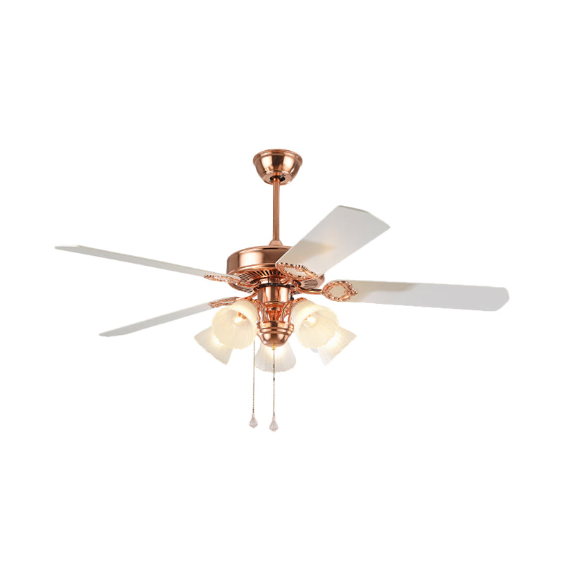 52" Wide Gold 5 Lights Hanging Fan Light Countryside Frosted Glass Bell Shade Semi-Flush Mount, 5 Blades Clearhalo 'Ceiling Fans with Lights' 'Ceiling Fans' Lighting' 1985706