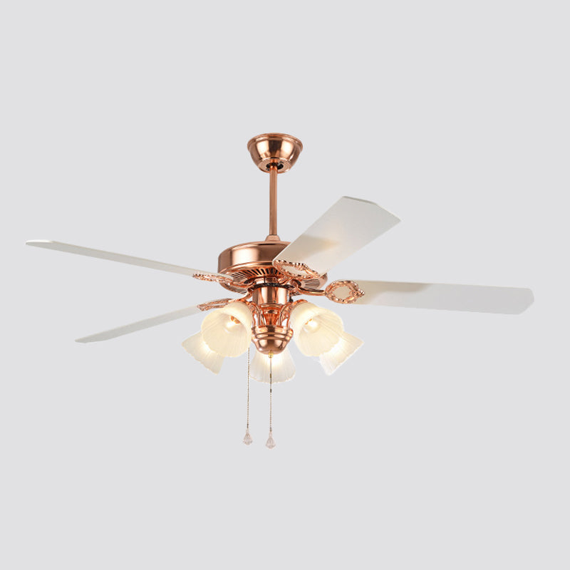52" Wide Gold 5 Lights Hanging Fan Light Countryside Frosted Glass Bell Shade Semi-Flush Mount, 5 Blades Clearhalo 'Ceiling Fans with Lights' 'Ceiling Fans' Lighting' 1985707