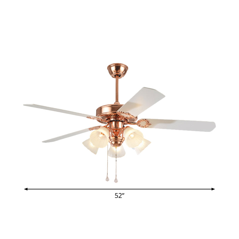 52" Wide Gold 5 Lights Hanging Fan Light Countryside Frosted Glass Bell Shade Semi-Flush Mount, 5 Blades Clearhalo 'Ceiling Fans with Lights' 'Ceiling Fans' Lighting' 1985708