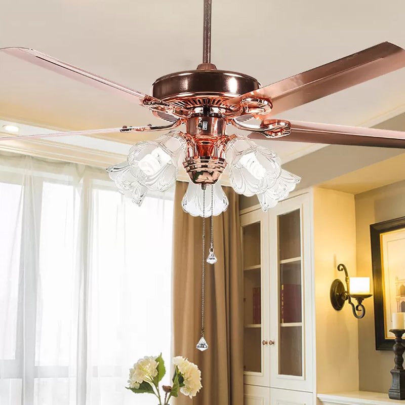 52" Wide Gold 5 Lights Hanging Fan Light Countryside Frosted Glass Bell Shade Semi-Flush Mount, 5 Blades Gold B Clearhalo 'Ceiling Fans with Lights' 'Ceiling Fans' Lighting' 1985709