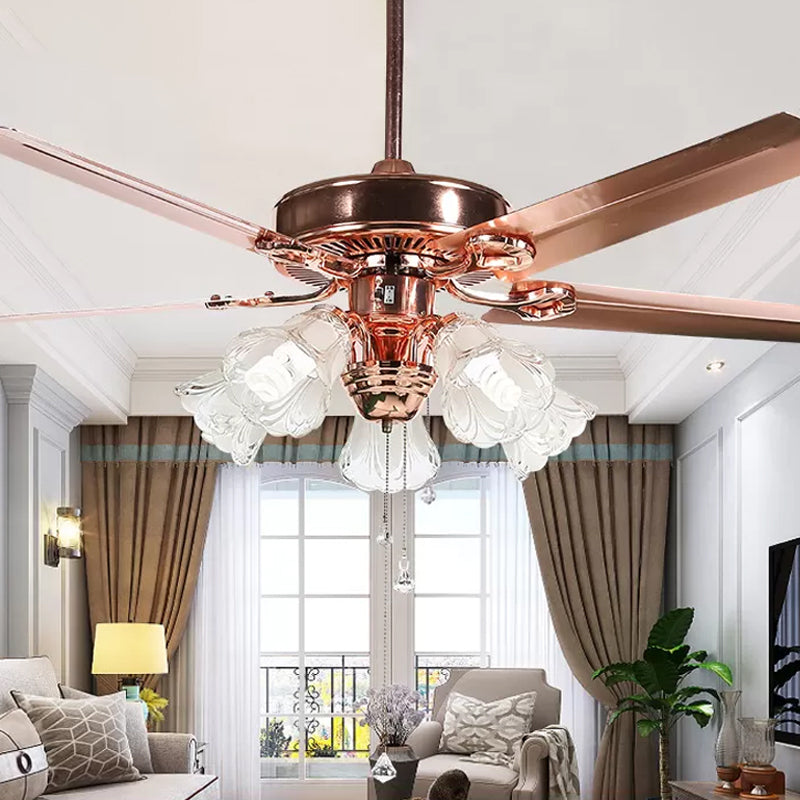 52" Wide Gold 5 Lights Hanging Fan Light Countryside Frosted Glass Bell Shade Semi-Flush Mount, 5 Blades Clearhalo 'Ceiling Fans with Lights' 'Ceiling Fans' Lighting' 1985710