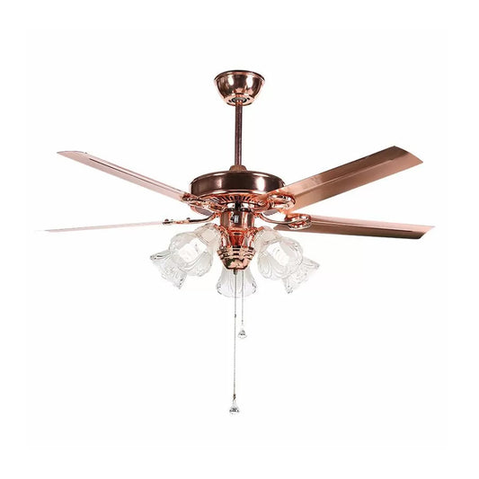 52" Wide Gold 5 Lights Hanging Fan Light Countryside Frosted Glass Bell Shade Semi-Flush Mount, 5 Blades Clearhalo 'Ceiling Fans with Lights' 'Ceiling Fans' Lighting' 1985711