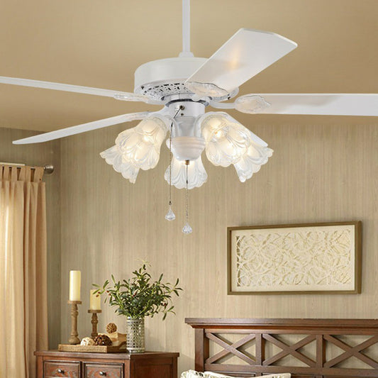 5 Bulbs Pendant Fan Light Rustic Living Room 5-Blade Semi Mount Lighting with Bell Carved Glass Shade, 52" Wide Clearhalo 'Ceiling Fans with Lights' 'Ceiling Fans' Lighting' 1985715