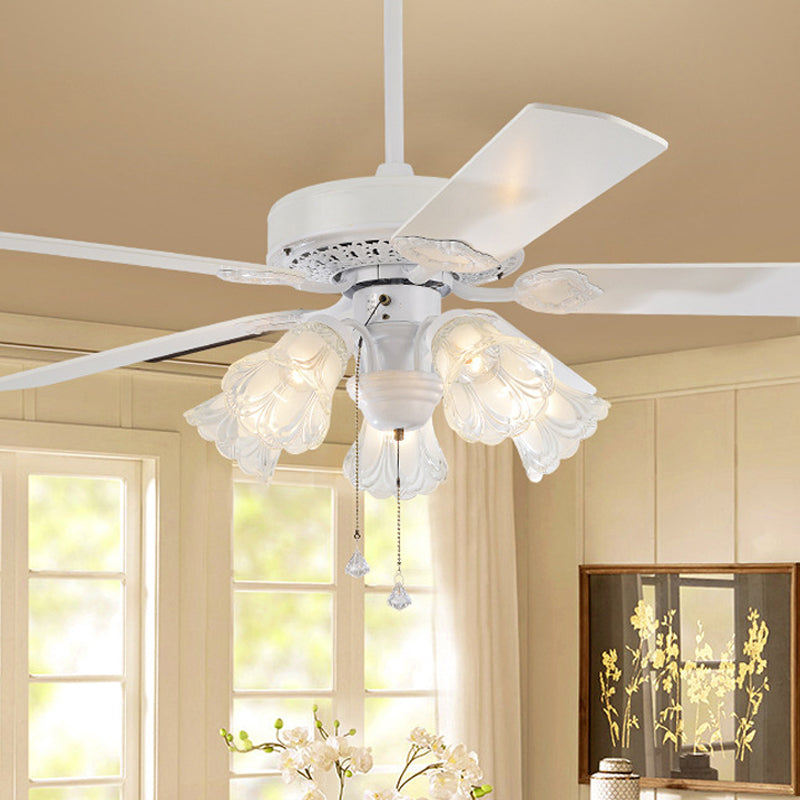 5 Bulbs Pendant Fan Light Rustic Living Room 5-Blade Semi Mount Lighting with Bell Carved Glass Shade, 52" Wide Clearhalo 'Ceiling Fans with Lights' 'Ceiling Fans' Lighting' 1985716