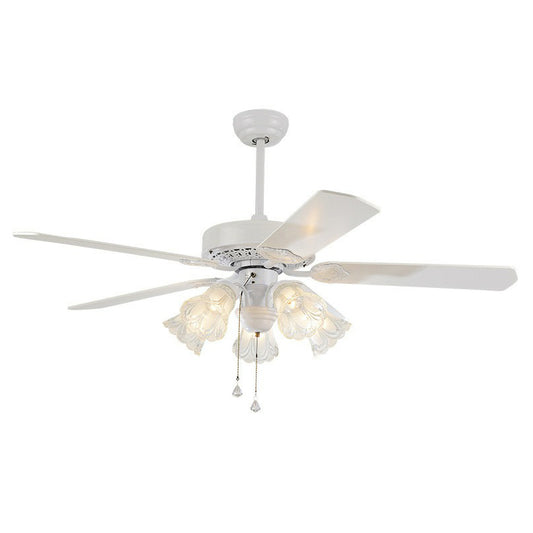 5 Bulbs Pendant Fan Light Rustic Living Room 5-Blade Semi Mount Lighting with Bell Carved Glass Shade, 52" Wide Clearhalo 'Ceiling Fans with Lights' 'Ceiling Fans' Lighting' 1985717