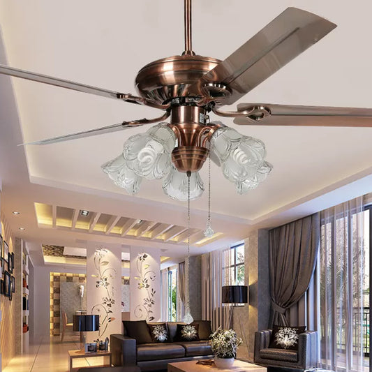 52" Wide Vintage Bell Semi Flush Light 5 Bulbs Frosted Glass Pendant Fan Lamp Fixture in Copper with 5 Blades Clearhalo 'Ceiling Fans with Lights' 'Ceiling Fans' Lighting' 1985726