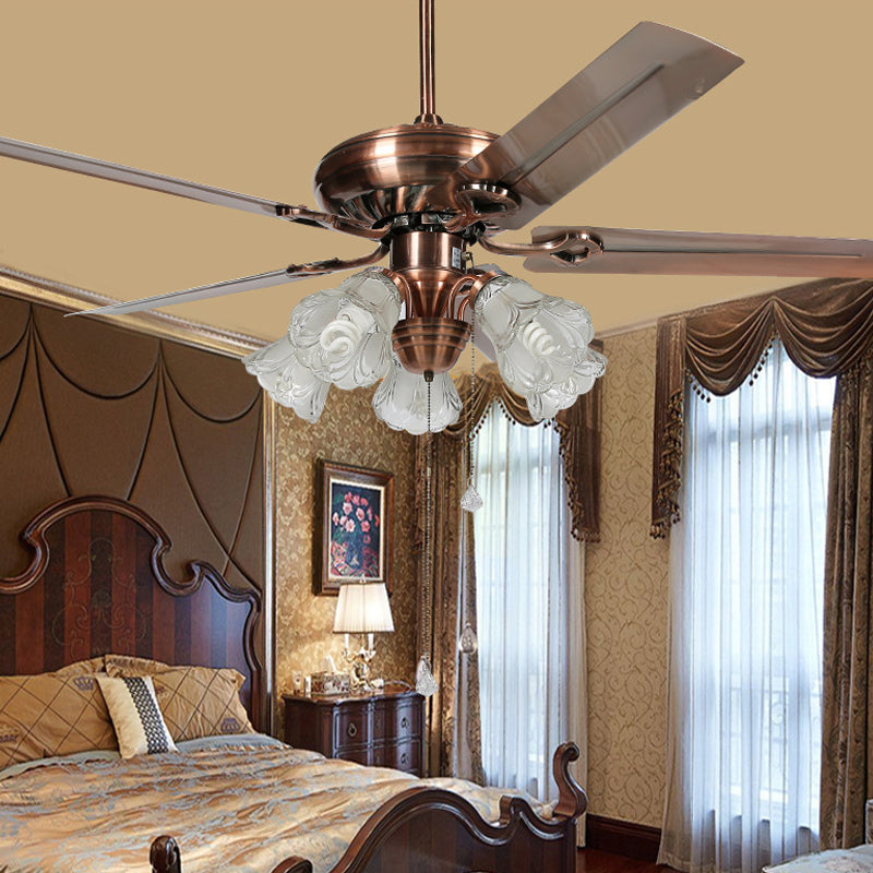 52" Wide Vintage Bell Semi Flush Light 5 Bulbs Frosted Glass Pendant Fan Lamp Fixture in Copper with 5 Blades Clearhalo 'Ceiling Fans with Lights' 'Ceiling Fans' Lighting' 1985727