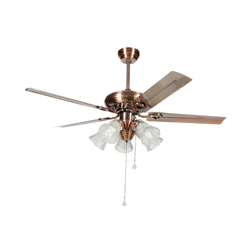 52" Wide Vintage Bell Semi Flush Light 5 Bulbs Frosted Glass Pendant Fan Lamp Fixture in Copper with 5 Blades Clearhalo 'Ceiling Fans with Lights' 'Ceiling Fans' Lighting' 1985729