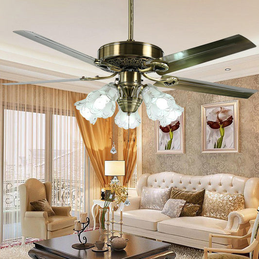 Frosted Glass Flower Semi Flush Rustic 52" Wide 3 Lights Dining Room Hanging Fan Light, 3 Blades Gold Clearhalo 'Ceiling Fans with Lights' 'Ceiling Fans' Lighting' 1985731