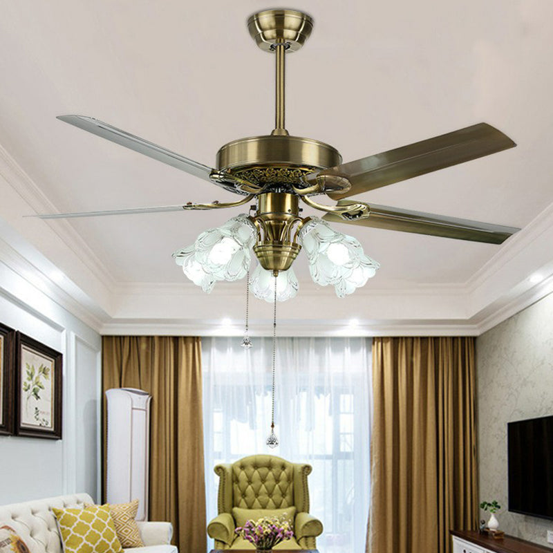 Frosted Glass Flower Semi Flush Rustic 52" Wide 3 Lights Dining Room Hanging Fan Light, 3 Blades Clearhalo 'Ceiling Fans with Lights' 'Ceiling Fans' Lighting' 1985732