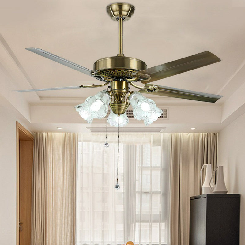 Frosted Glass Flower Semi Flush Rustic 52" Wide 3 Lights Dining Room Hanging Fan Light, 3 Blades Clearhalo 'Ceiling Fans with Lights' 'Ceiling Fans' Lighting' 1985733