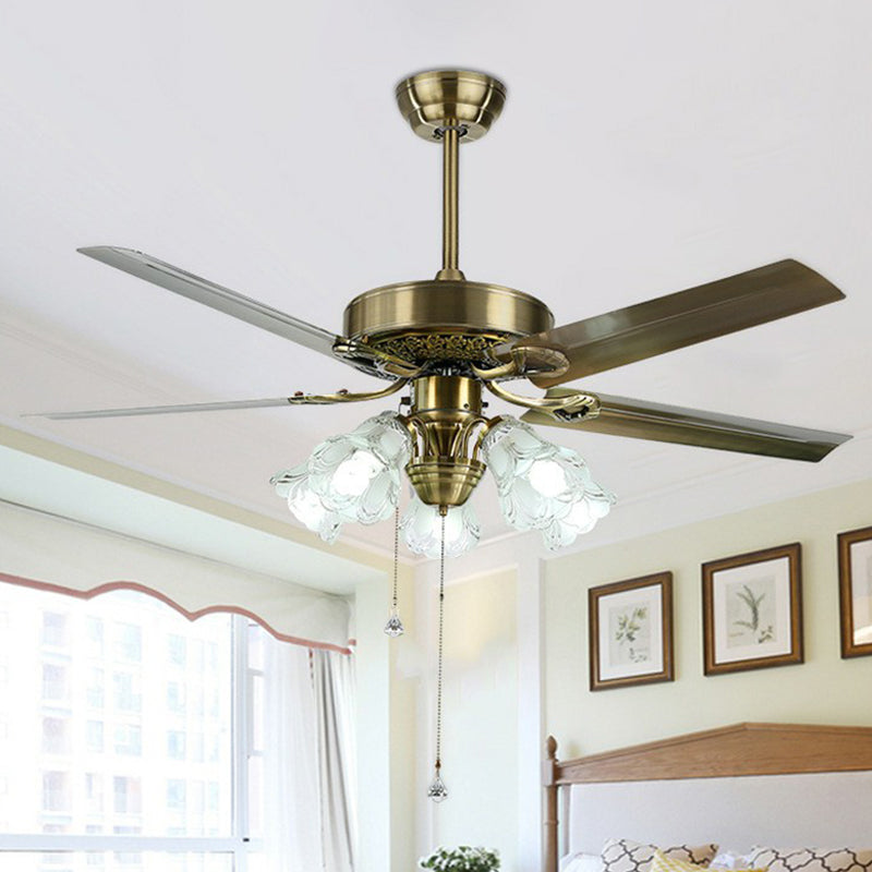 Frosted Glass Flower Semi Flush Rustic 52" Wide 3 Lights Dining Room Hanging Fan Light, 3 Blades Clearhalo 'Ceiling Fans with Lights' 'Ceiling Fans' Lighting' 1985734