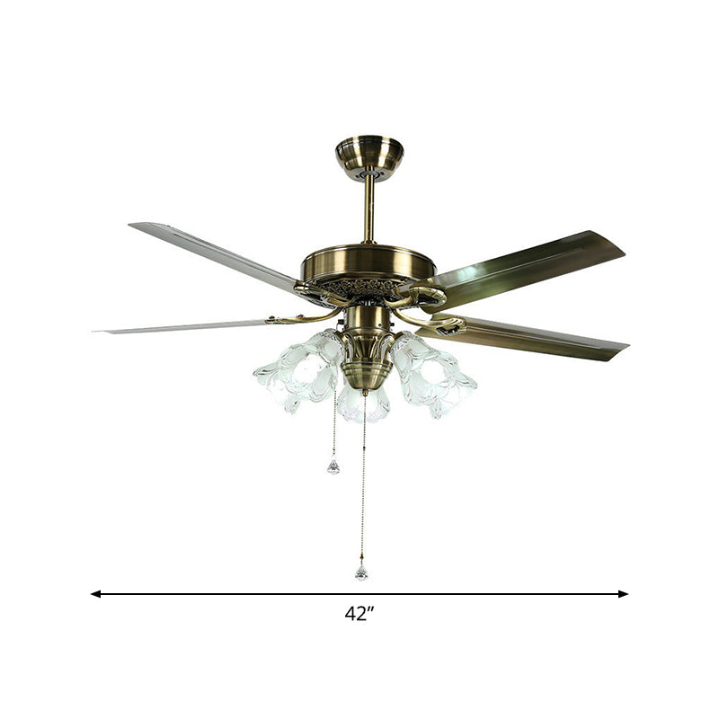 Frosted Glass Flower Semi Flush Rustic 52" Wide 3 Lights Dining Room Hanging Fan Light, 3 Blades Clearhalo 'Ceiling Fans with Lights' 'Ceiling Fans' Lighting' 1985736