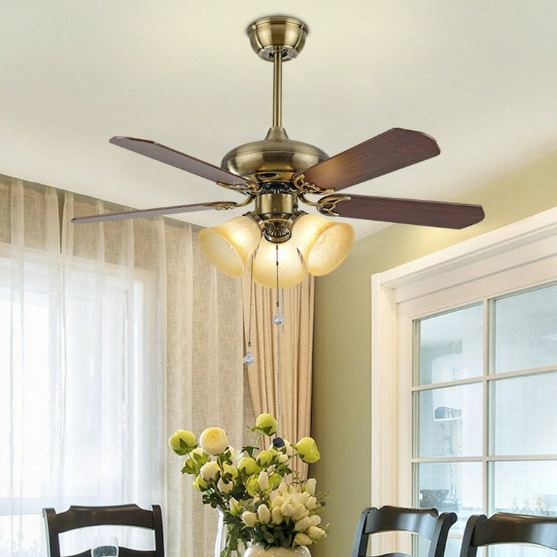 5-Blade Bell-Shaped Frosted Glass Pendant Fan Light Classic 42" Wide 3 Lights Bedroom Semi-Flush Mount with Pull Chain Gold Clearhalo 'Ceiling Fans with Lights' 'Ceiling Fans' Lighting' 1985738
