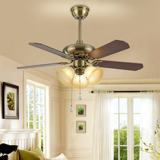5-Blade Bell-Shaped Frosted Glass Pendant Fan Light Classic 42" Wide 3 Lights Bedroom Semi-Flush Mount with Pull Chain Clearhalo 'Ceiling Fans with Lights' 'Ceiling Fans' Lighting' 1985739