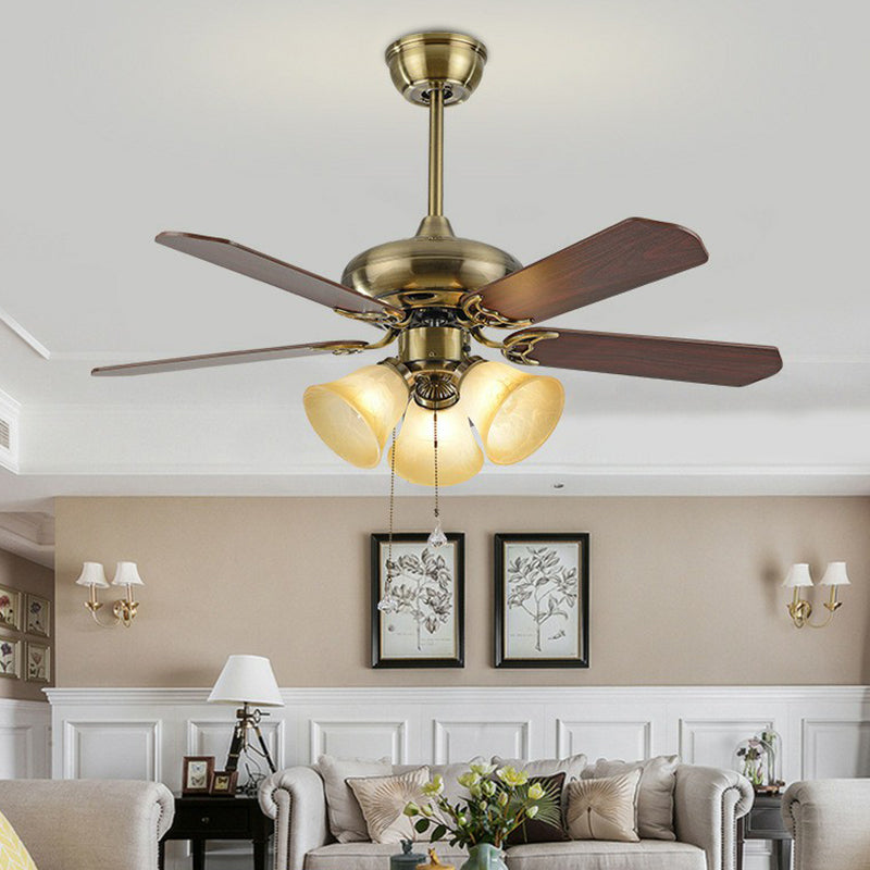 5-Blade Bell-Shaped Frosted Glass Pendant Fan Light Classic 42" Wide 3 Lights Bedroom Semi-Flush Mount with Pull Chain Clearhalo 'Ceiling Fans with Lights' 'Ceiling Fans' Lighting' 1985740