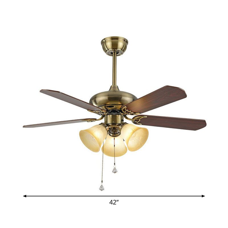 5-Blade Bell-Shaped Frosted Glass Pendant Fan Light Classic 42" Wide 3 Lights Bedroom Semi-Flush Mount with Pull Chain Clearhalo 'Ceiling Fans with Lights' 'Ceiling Fans' Lighting' 1985742