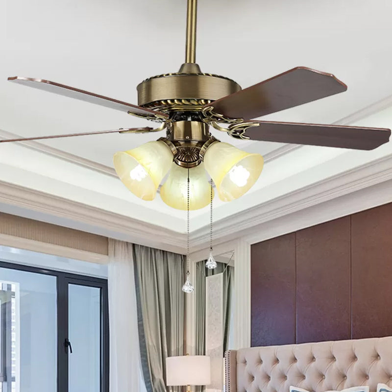 42" Wide 3-Light Bell Semi Flush Mount Farmhouse Gold Finish Frosted Glass 3 Blades Ceiling Fan Lamp with Pull Chain Gold Clearhalo 'Ceiling Fans with Lights' 'Ceiling Fans' Lighting' 1985743