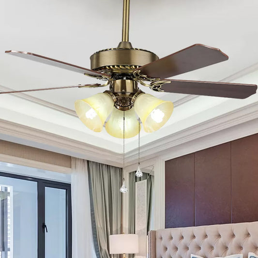 42" Wide 3-Light Bell Semi Flush Mount Farmhouse Gold Finish Frosted Glass 3 Blades Ceiling Fan Lamp with Pull Chain Gold Clearhalo 'Ceiling Fans with Lights' 'Ceiling Fans' Lighting' 1985743