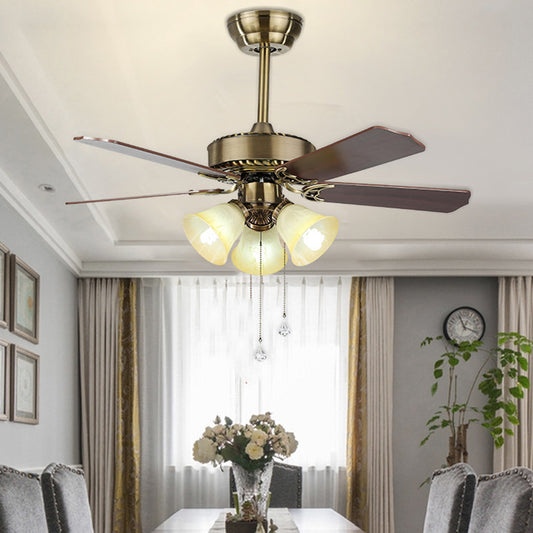 42" Wide 3-Light Bell Semi Flush Mount Farmhouse Gold Finish Frosted Glass 3 Blades Ceiling Fan Lamp with Pull Chain Clearhalo 'Ceiling Fans with Lights' 'Ceiling Fans' Lighting' 1985744
