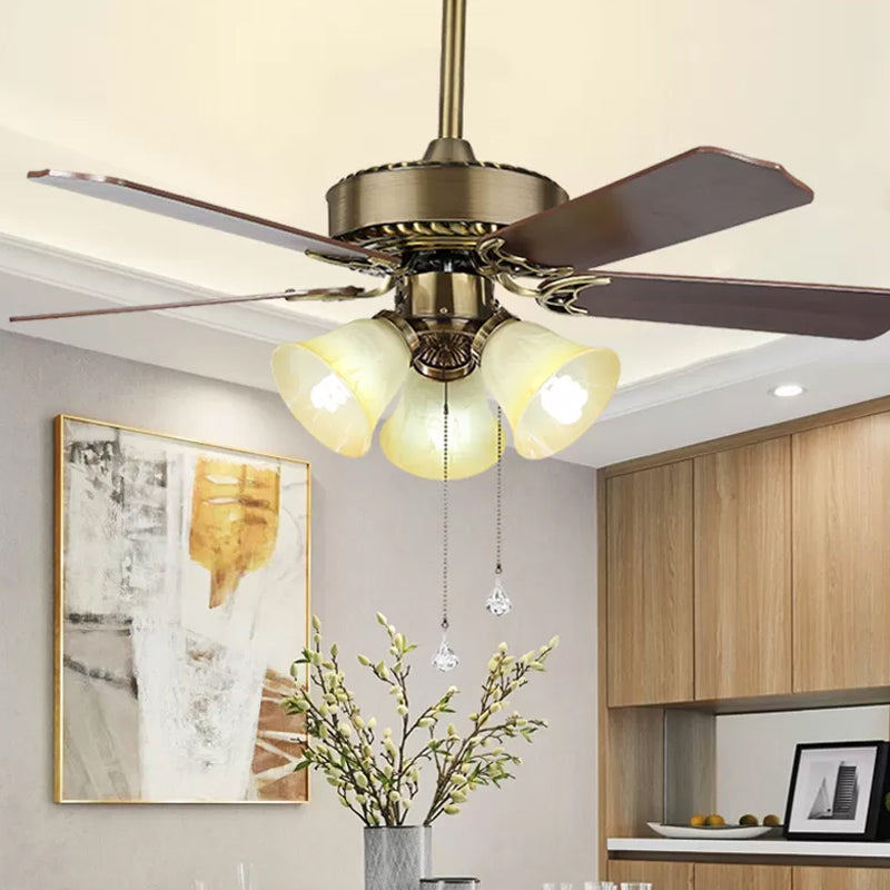 42" Wide 3-Light Bell Semi Flush Mount Farmhouse Gold Finish Frosted Glass 3 Blades Ceiling Fan Lamp with Pull Chain Clearhalo 'Ceiling Fans with Lights' 'Ceiling Fans' Lighting' 1985745