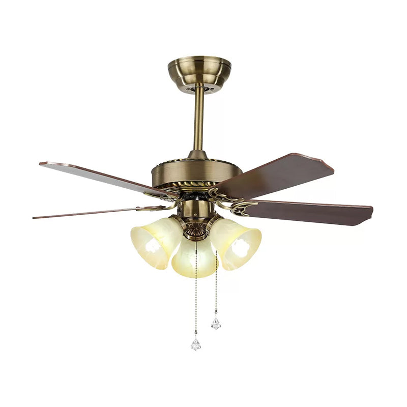 42" Wide 3-Light Bell Semi Flush Mount Farmhouse Gold Finish Frosted Glass 3 Blades Ceiling Fan Lamp with Pull Chain Clearhalo 'Ceiling Fans with Lights' 'Ceiling Fans' Lighting' 1985746