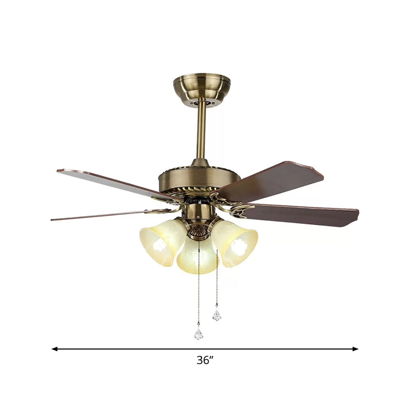 42" Wide 3-Light Bell Semi Flush Mount Farmhouse Gold Finish Frosted Glass 3 Blades Ceiling Fan Lamp with Pull Chain Clearhalo 'Ceiling Fans with Lights' 'Ceiling Fans' Lighting' 1985747