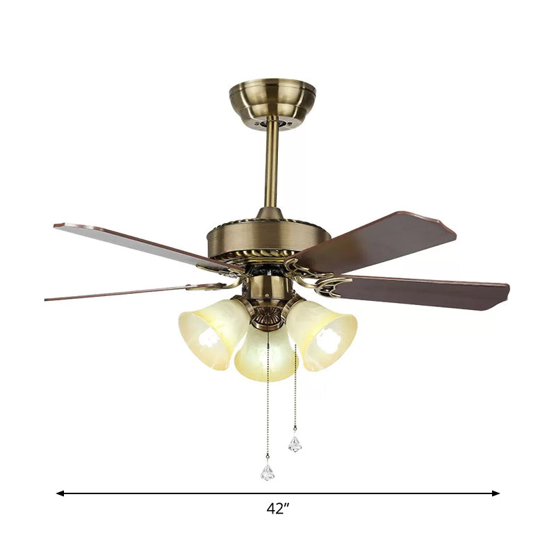42" Wide 3-Light Bell Semi Flush Mount Farmhouse Gold Finish Frosted Glass 3 Blades Ceiling Fan Lamp with Pull Chain Clearhalo 'Ceiling Fans with Lights' 'Ceiling Fans' Lighting' 1985748