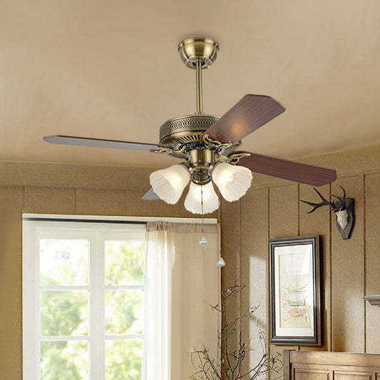 42" Wide 3 Bulbs Semi Flush Light Rustic Bell Shade Frosted Glass Pull Chain Ceiling Fan Lamp with 4 Blades Gold Clearhalo 'Ceiling Fans with Lights' 'Ceiling Fans' Lighting' 1985749